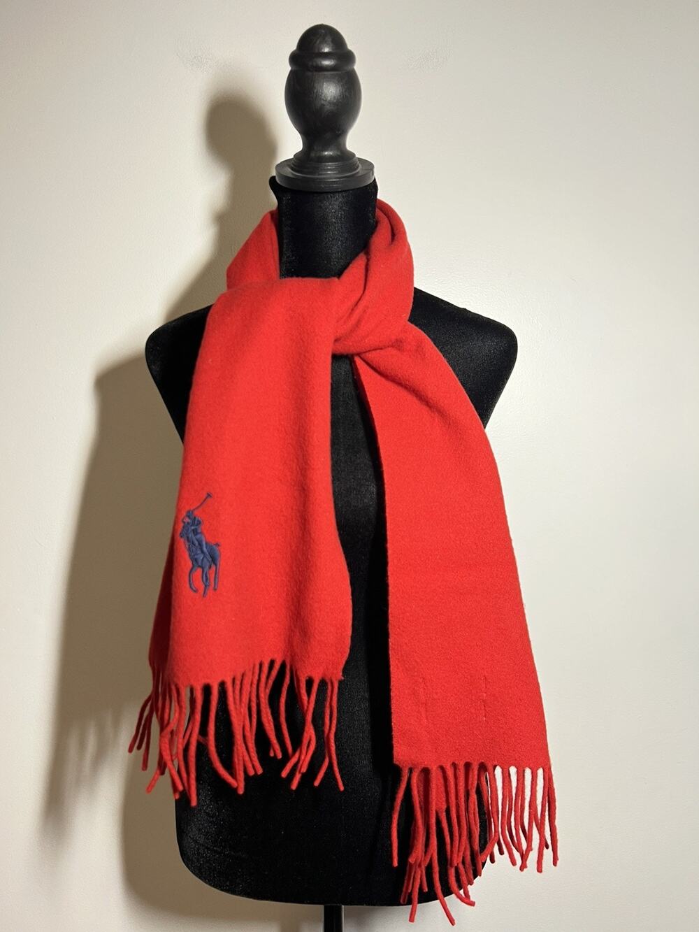 Polo Ralph Lauren EUC Solid Red 100% Lambswool Fringed Winter Scarf 56" x 12"